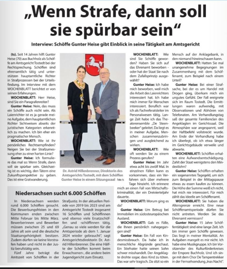 Artikel des Nordheide Wochenblatts vom 11.02.2023 "Wenn Strafe, dann soll sie spürbar sein". Ein Interview mit dem Schöffen Gunter Heise.